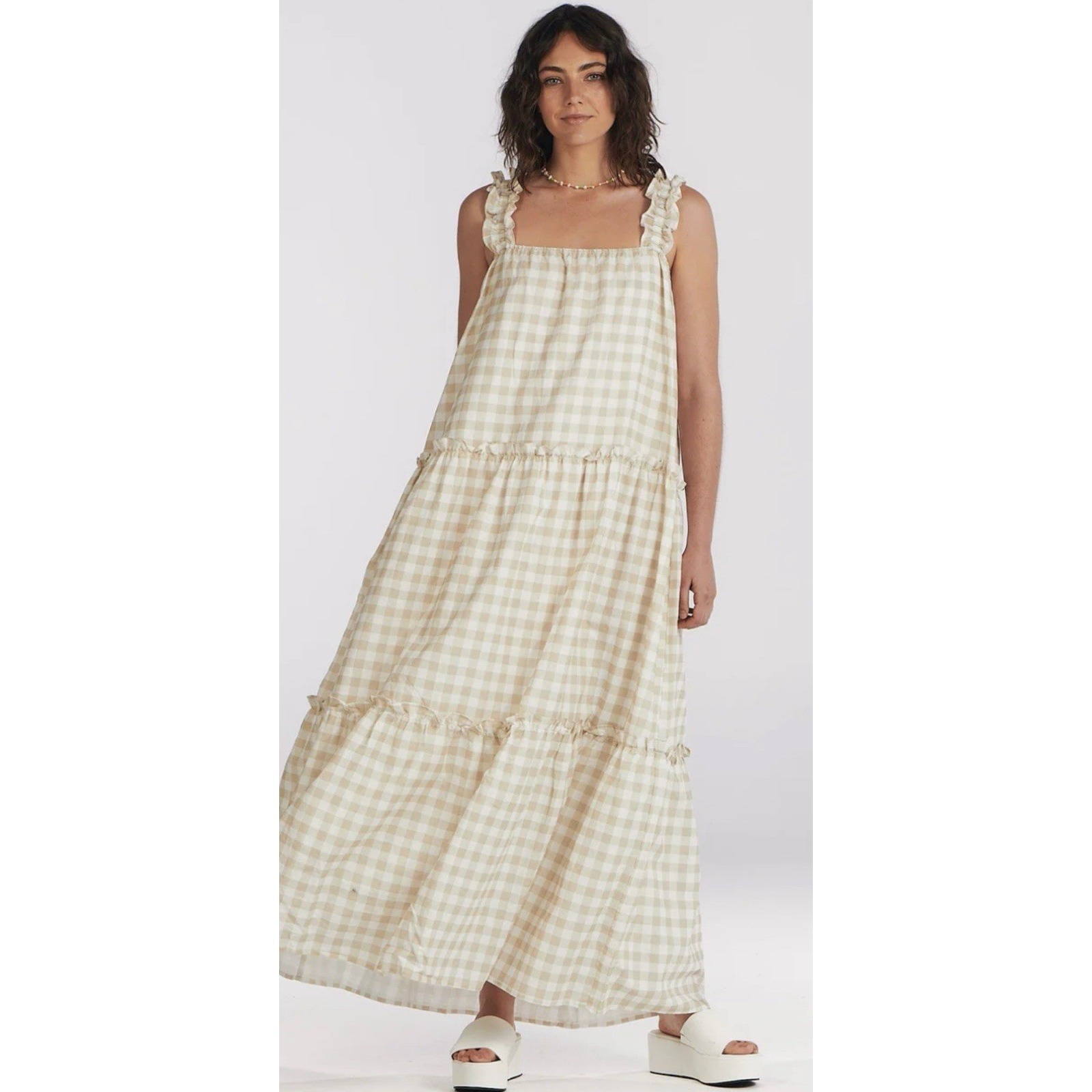 Charlie Holiday Dress Womens L Lottie Maxi Yellow Gingham Tiered Cottagecore